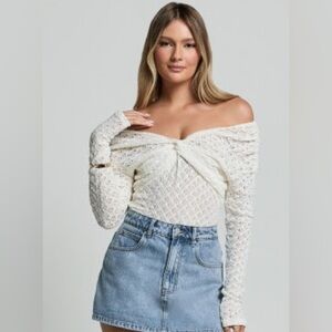 Showpo “Grace Top- Off the Shoulder Long Sleeve Twist Top”